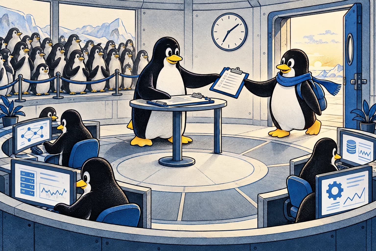 Tux passes a handover clipboard to a penguin in a scarf while responders work at separate stations and observers wait behind a rope.