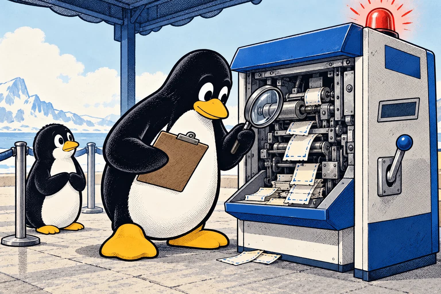 Tux investigates a jammed ticket kiosk while a customer waits.
