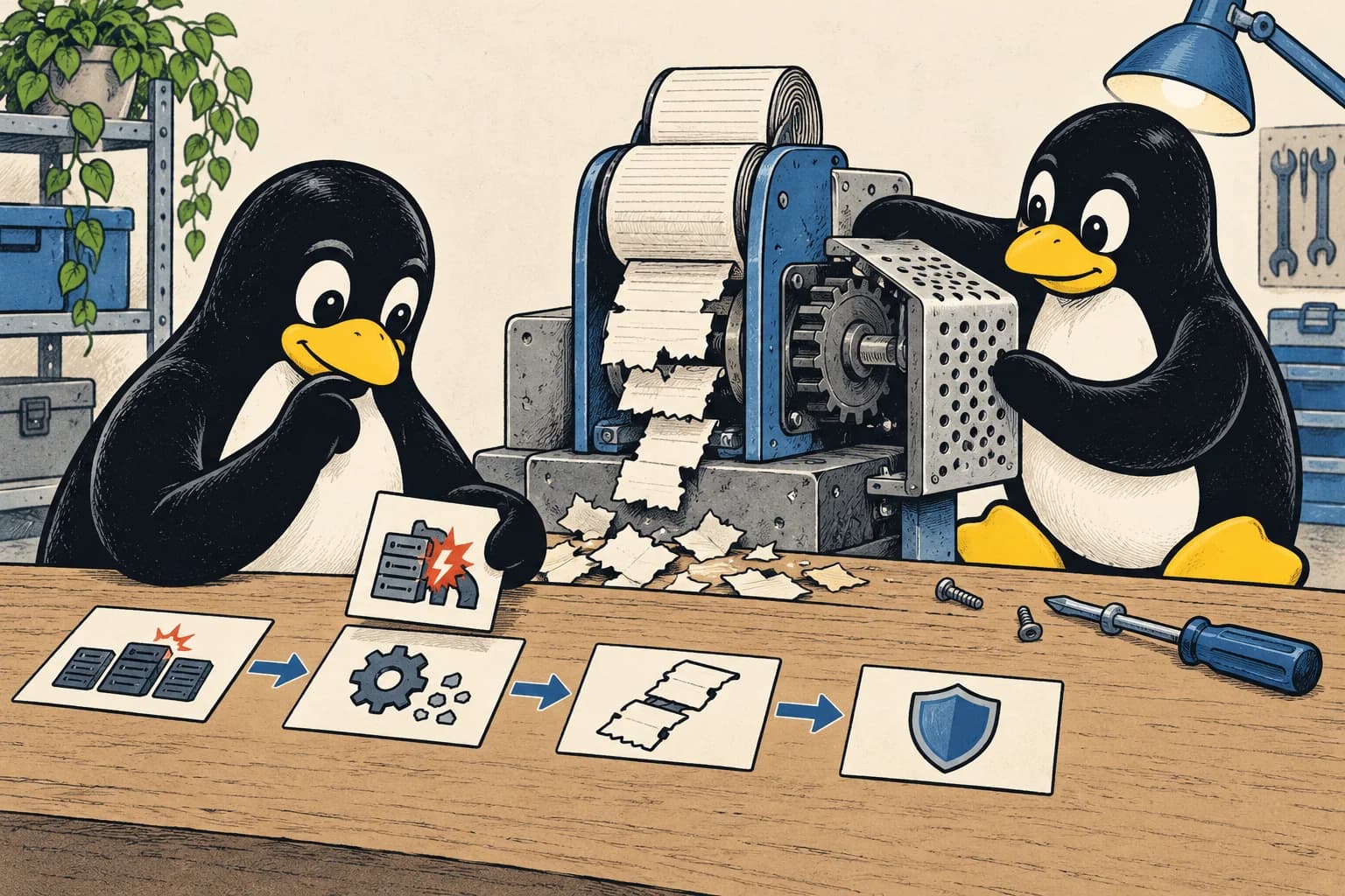 Tux comic illustrating postmortems and learning.