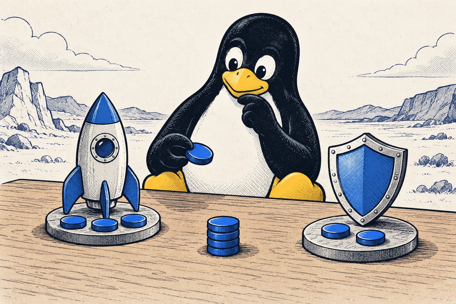 Tux comic illustrating error budgets and risk.