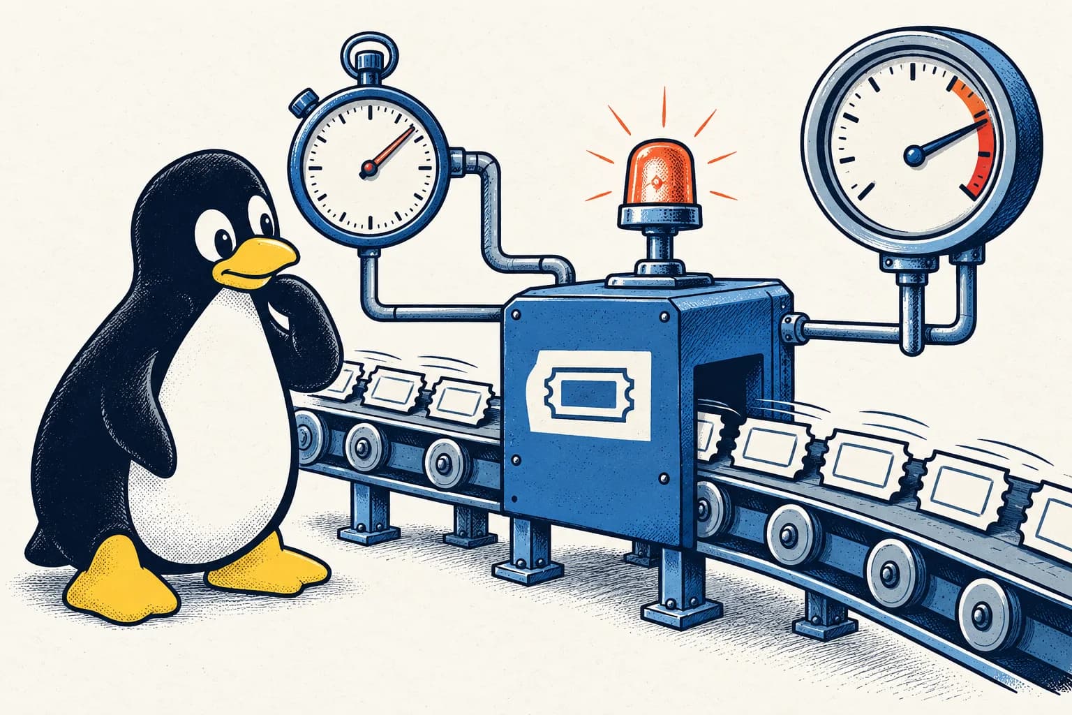 Tux comic illustrating monitoring and observability.