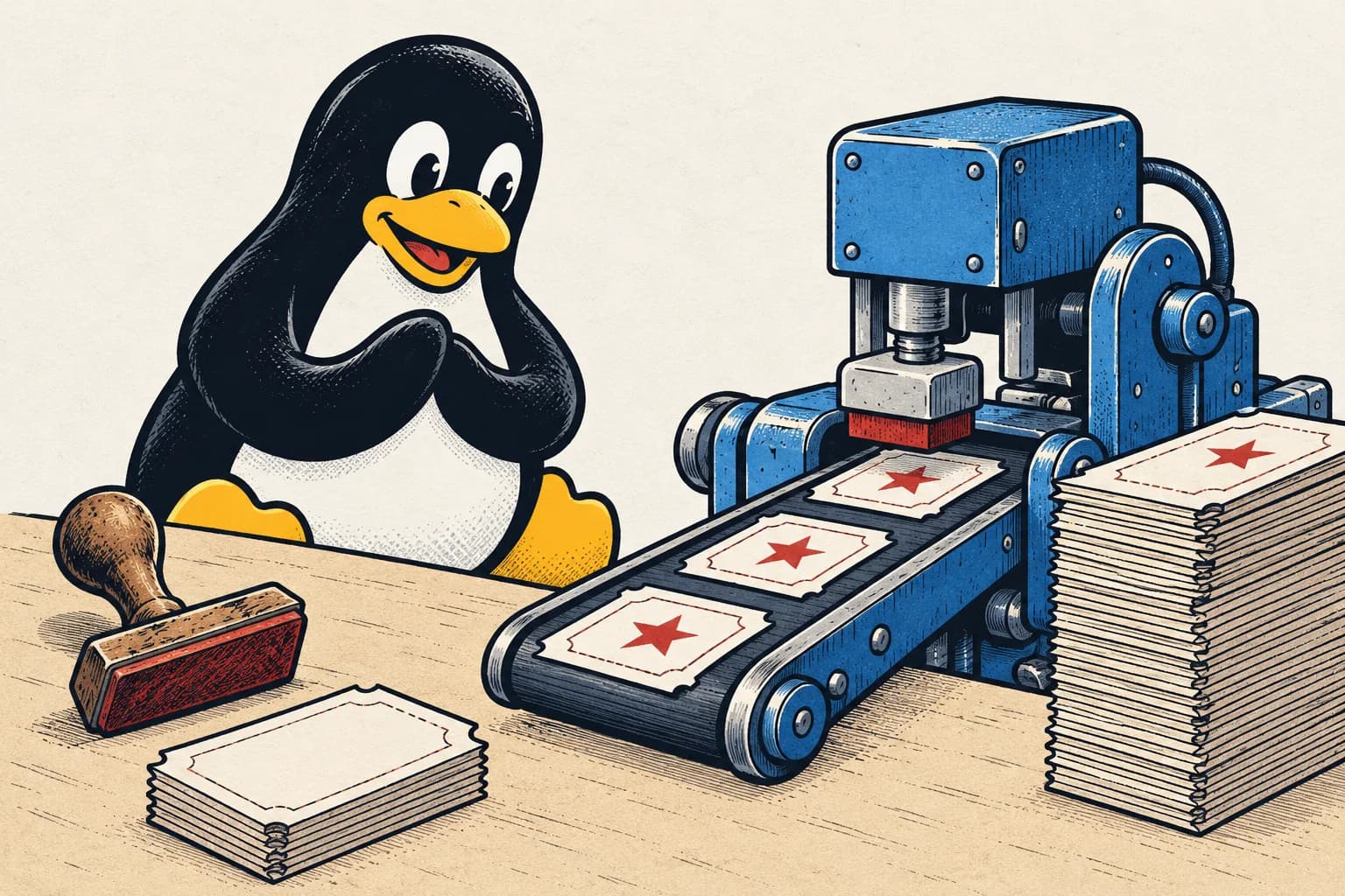 Tux comic illustrating toil and automation.