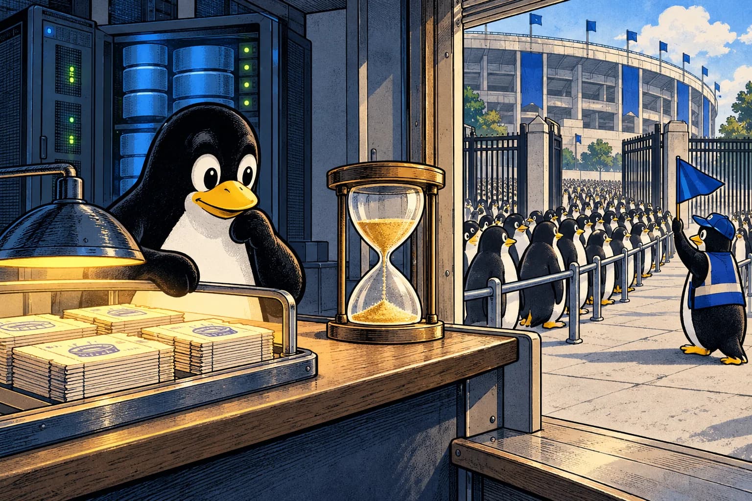 Tux prepares tickets under a lamp beside a sand timer as a coordinator holds a stadium gate for a waiting crowd.