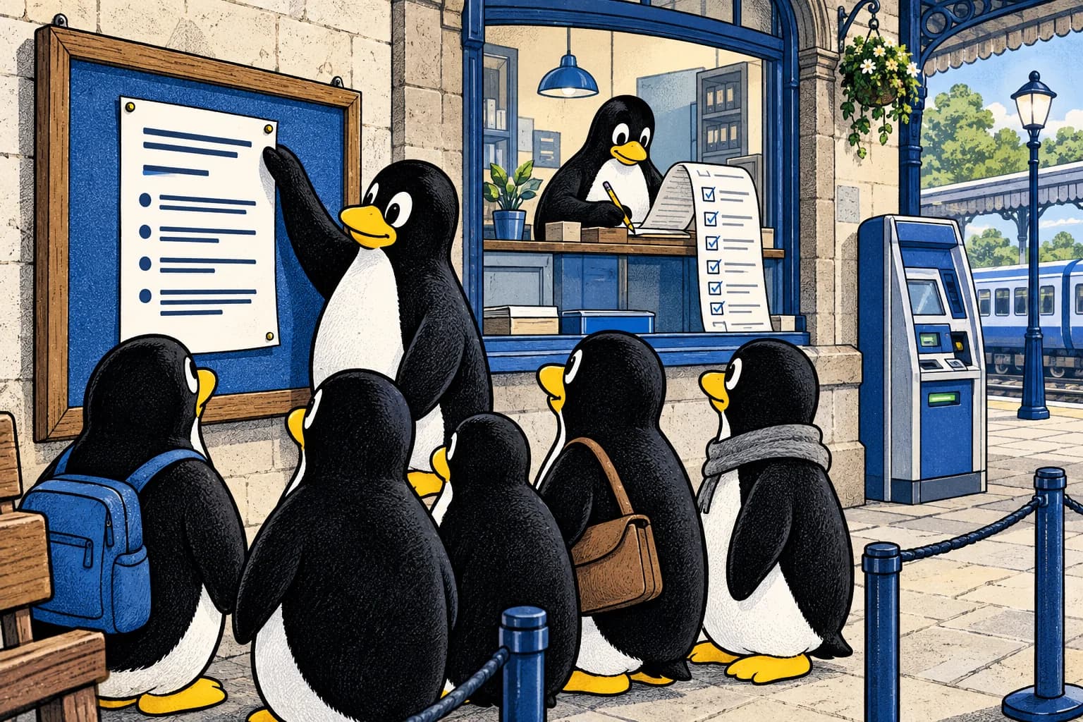 Tux posts a notice for waiting customers while another penguin records follow-up actions inside the ticket office.