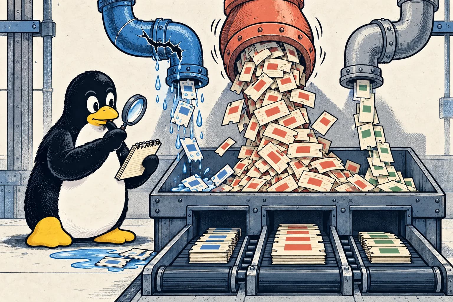 Tux studies a notebook beside a cracked pipe and a pipe crowded with tickets feeding a sorting bin.