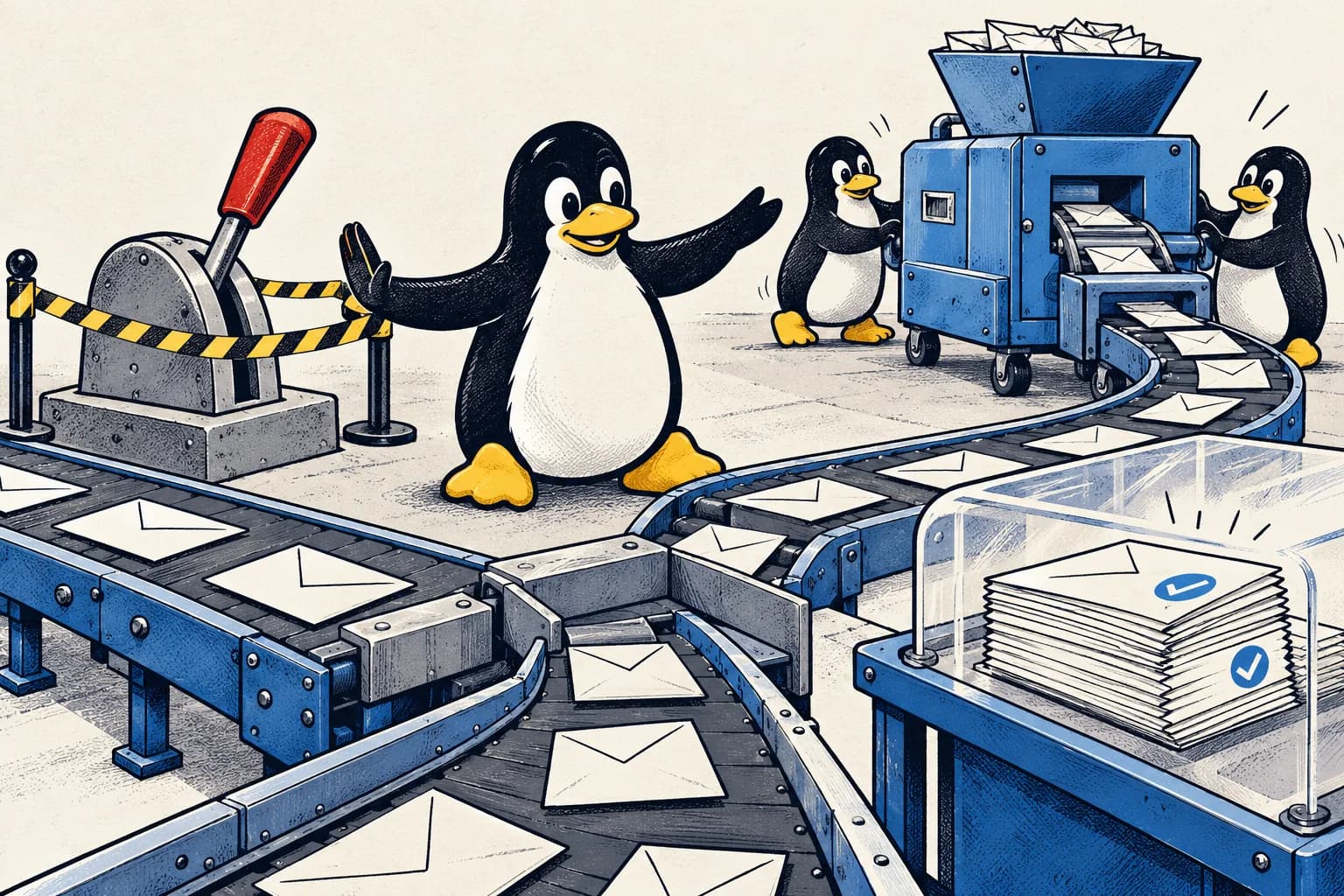 Tux directs helpers bringing an extra ticket sorter beside a roped-off reverse lever and a protected stack of envelopes.